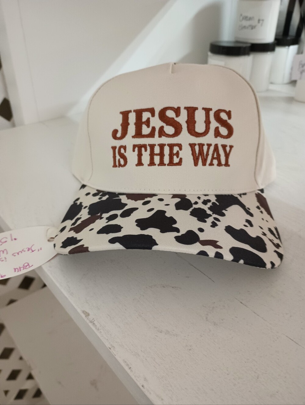 Beige 'Jesus Is The Way' Embroidered  Trucker Hat OS with Cowprint Adjustable